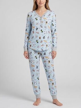 Cuddl Duds Light Blue Dog Print Womens Pajama Set Size XS Top and Bottoms